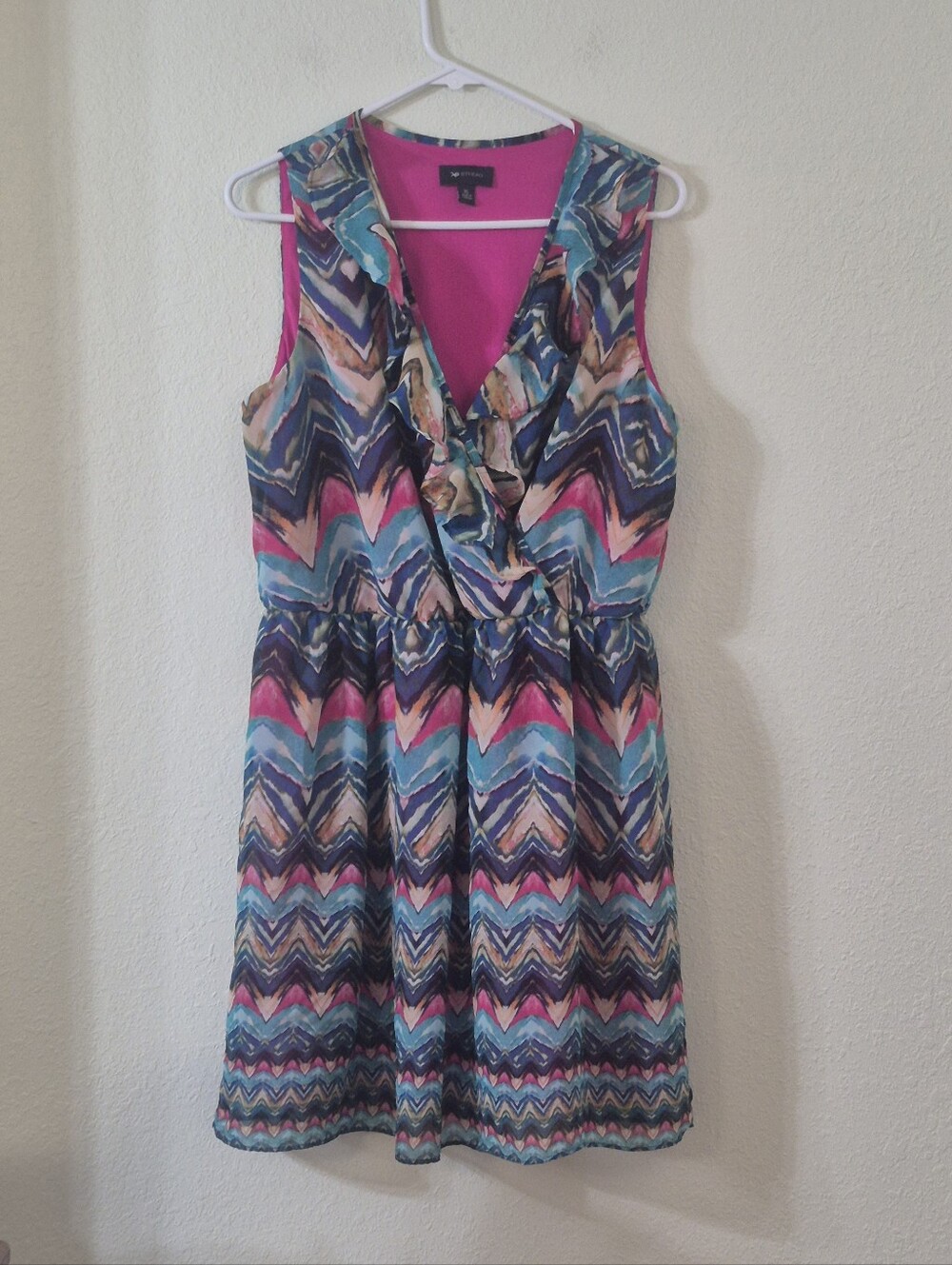 AB Studio Chevron Ruffle V-Neck Dress in Pink and Blue